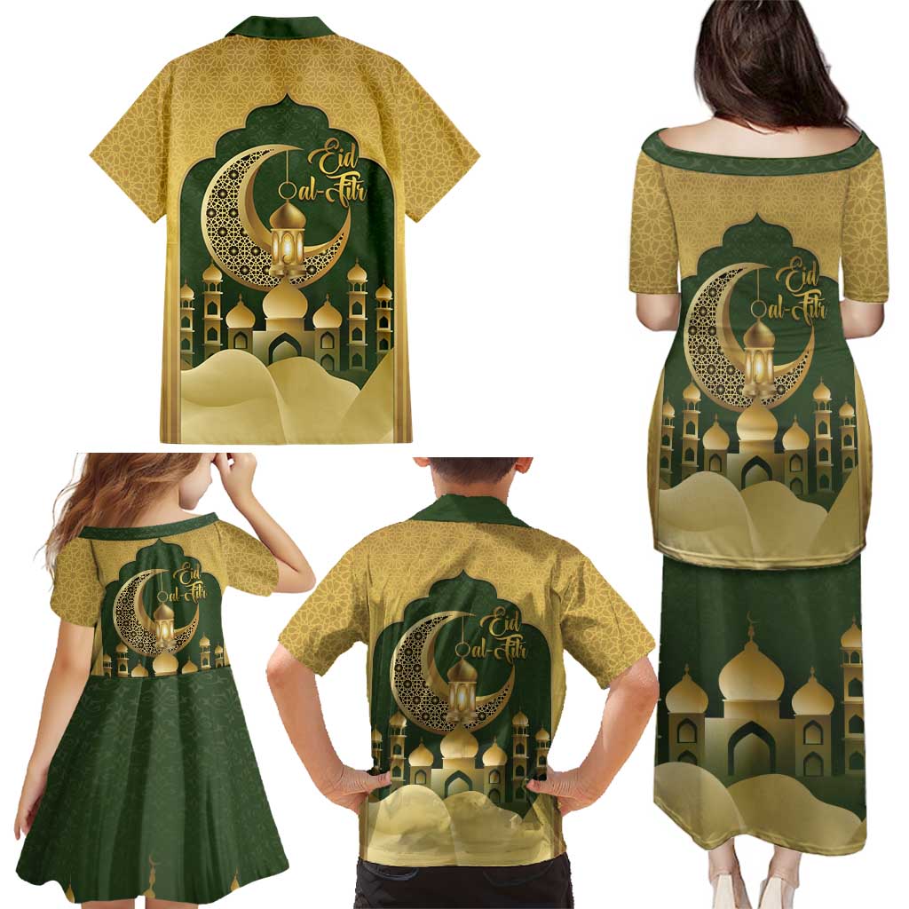 Eid al-Fitr Family Matching Puletasi and Hawaiian Shirt Khair Mubarak Islamic Pattern