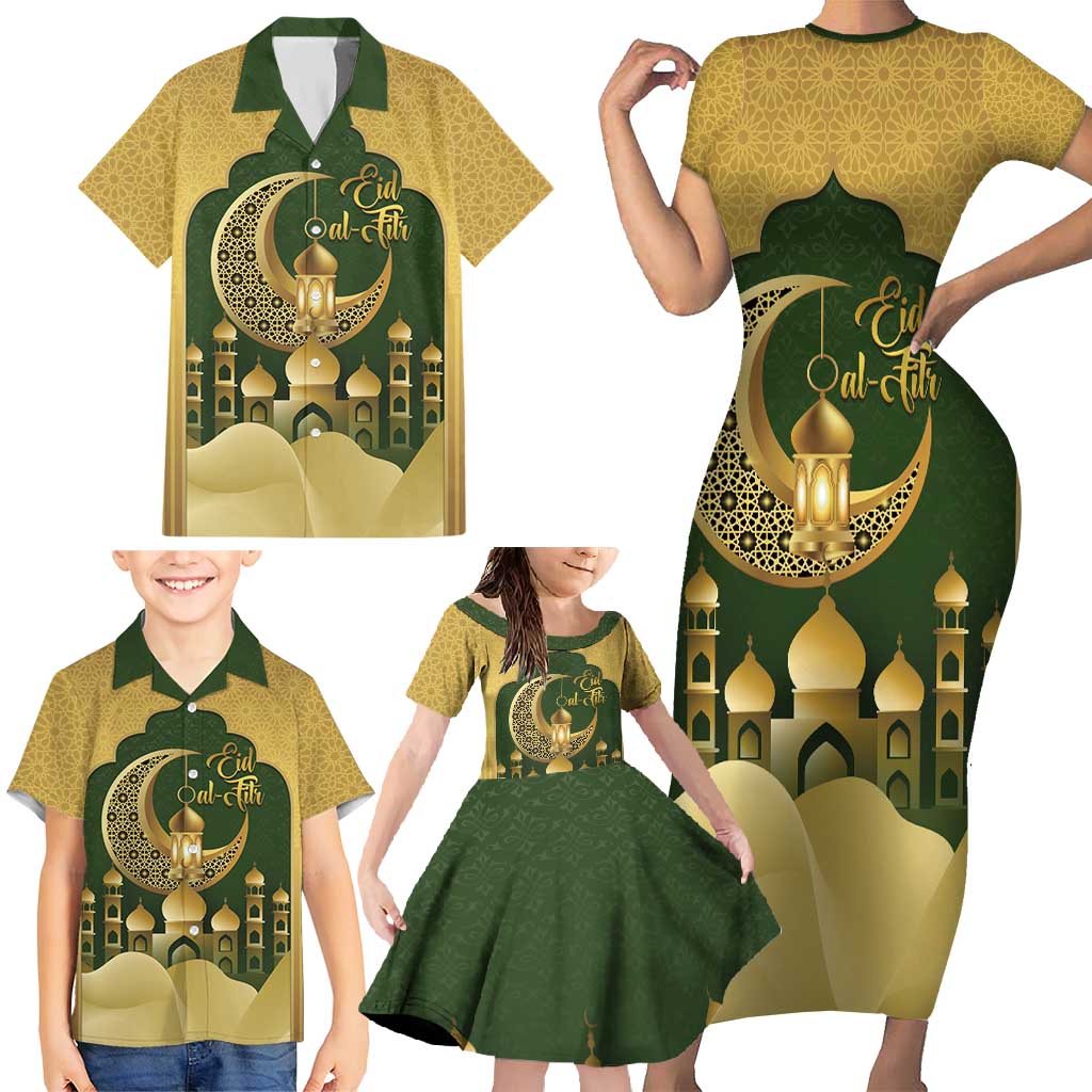 Eid al-Fitr Family Matching Short Sleeve Bodycon Dress and Hawaiian Shirt Khair Mubarak Islamic Pattern