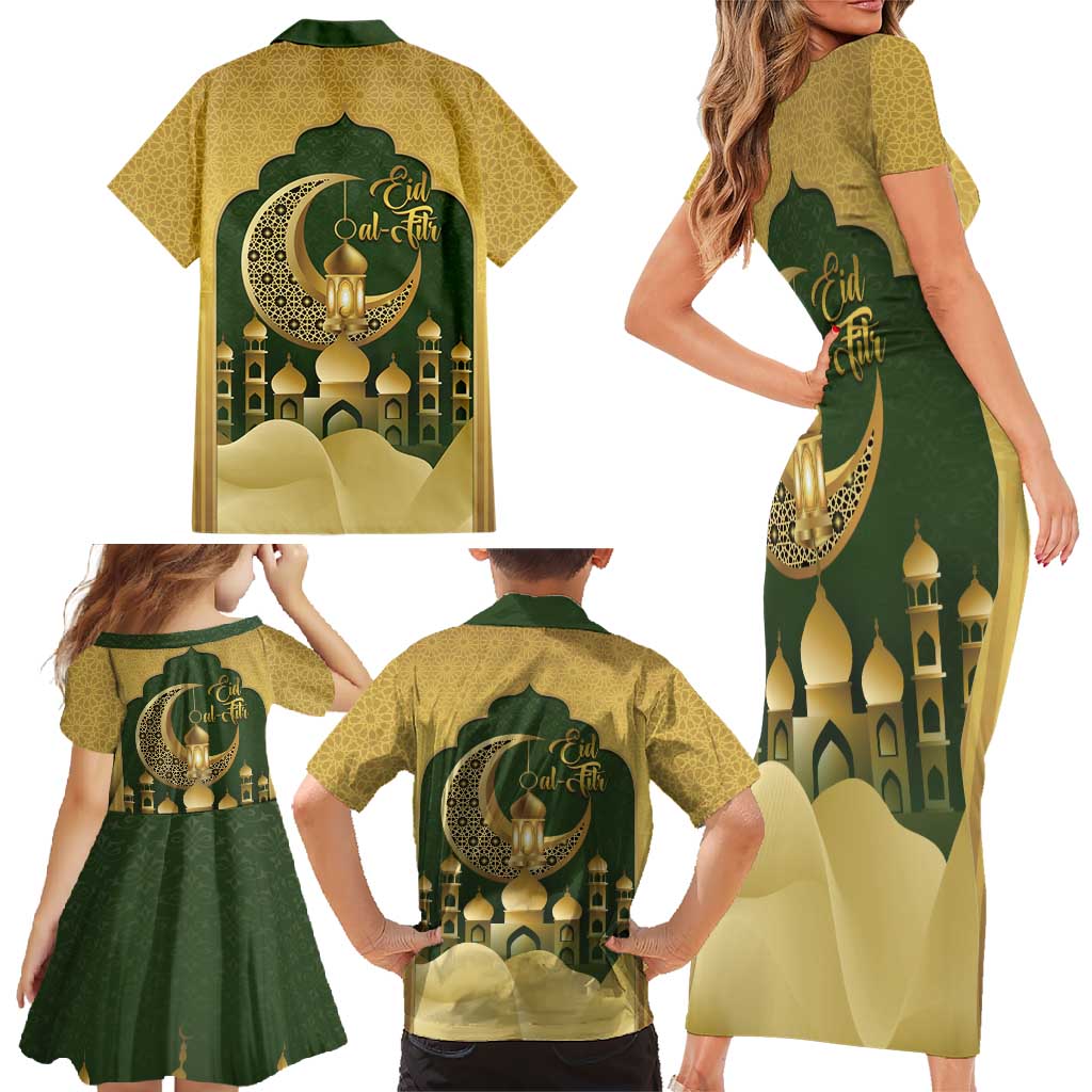 Eid al-Fitr Family Matching Short Sleeve Bodycon Dress and Hawaiian Shirt Khair Mubarak Islamic Pattern