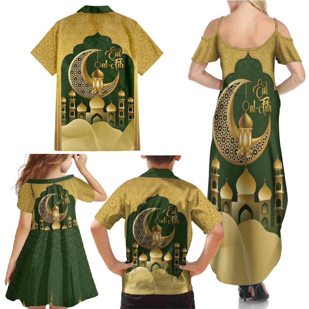Eid al-Fitr Family Matching Summer Maxi Dress and Hawaiian Shirt Khair Mubarak Islamic Pattern