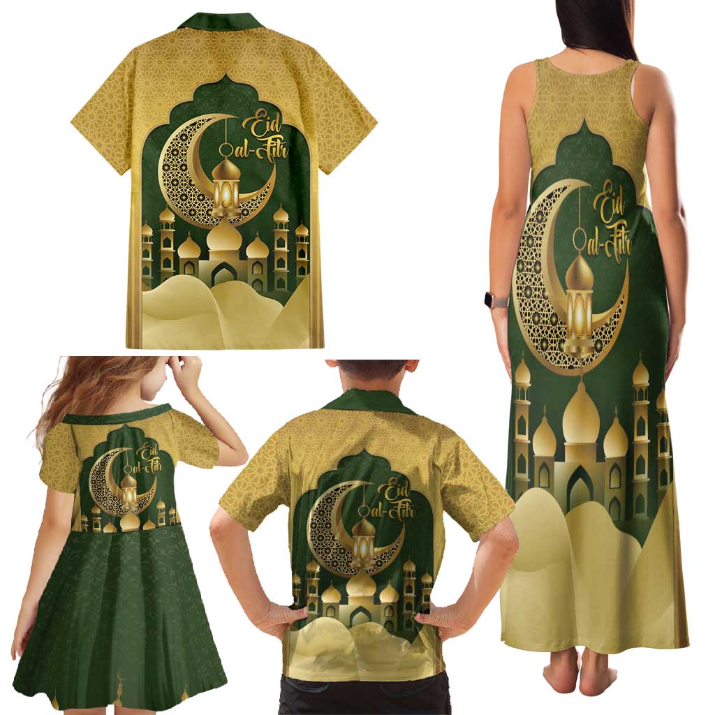 Eid al-Fitr Family Matching Tank Maxi Dress and Hawaiian Shirt Khair Mubarak Islamic Pattern