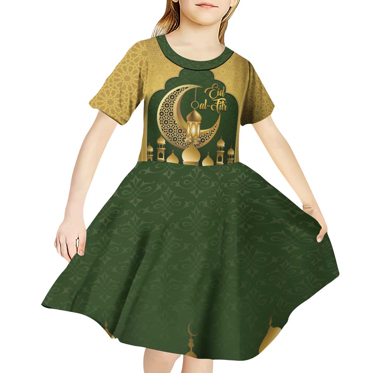 Eid al-Fitr Kid Short Sleeve Dress Khair Mubarak Islamic Pattern