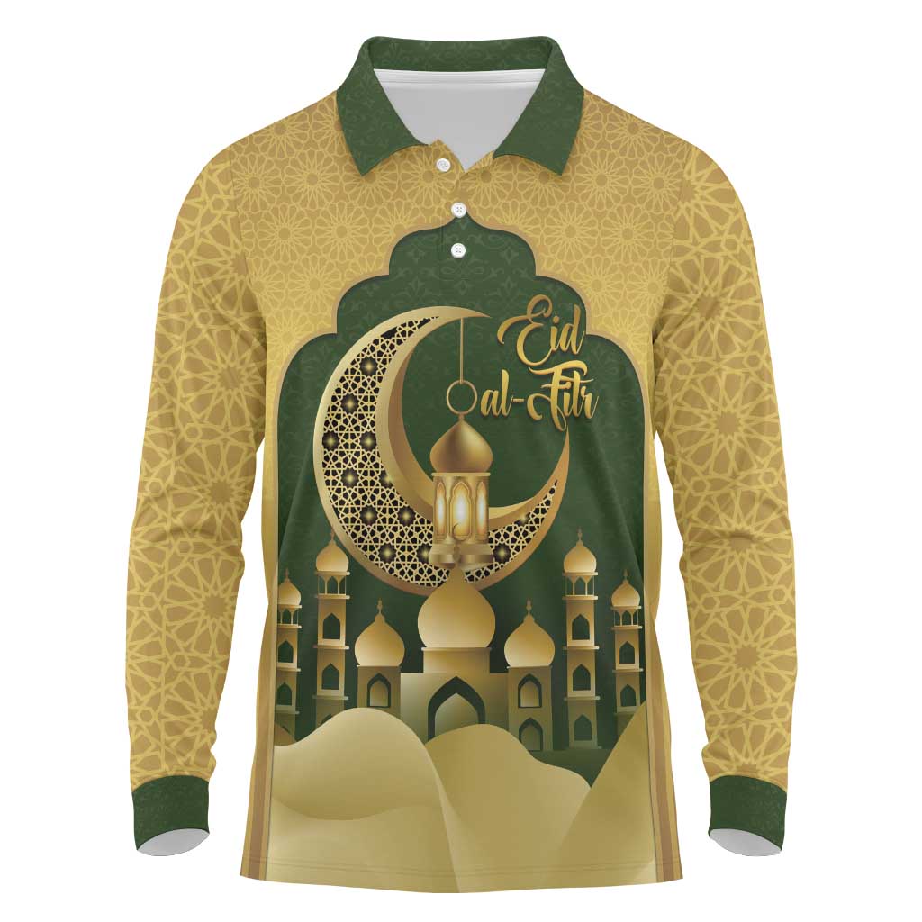 Eid al-Fitr Long Sleeve Polo Shirt Khair Mubarak Islamic Pattern