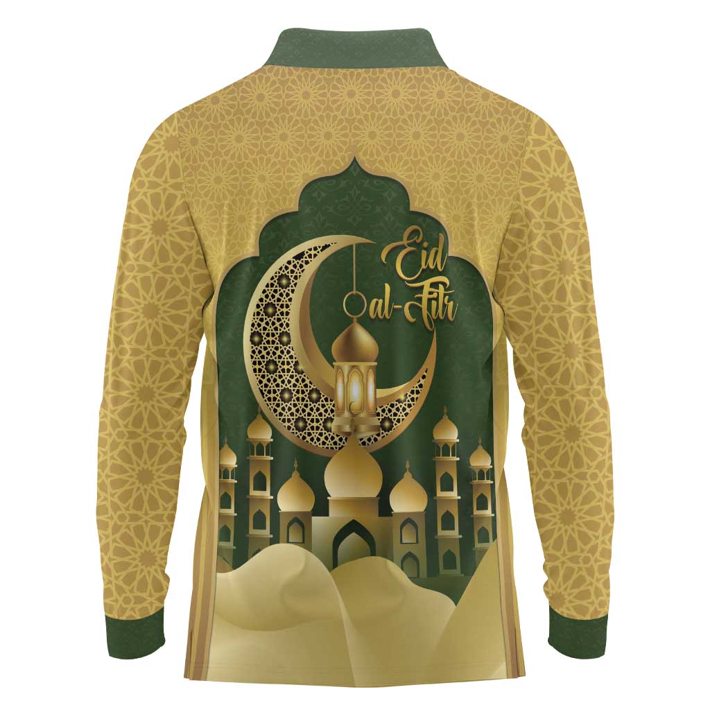 Eid al-Fitr Long Sleeve Polo Shirt Khair Mubarak Islamic Pattern