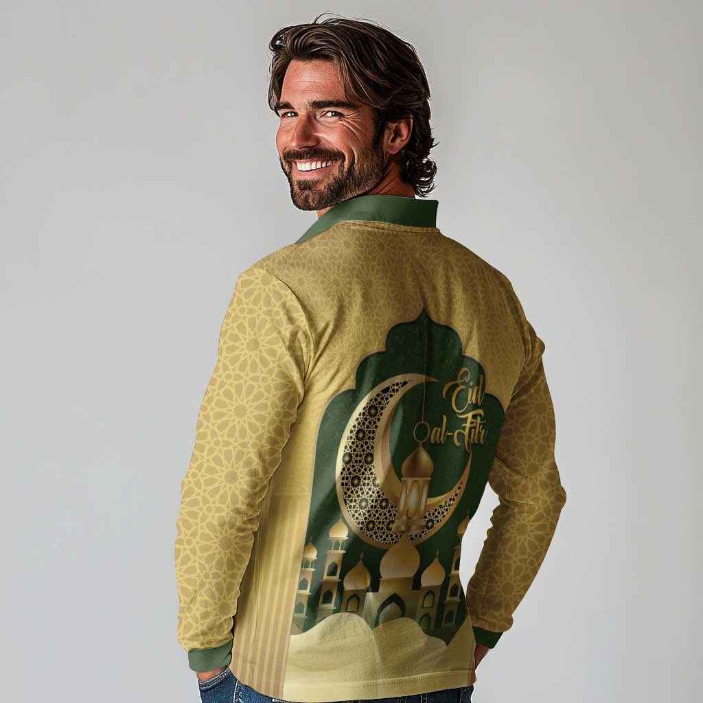 Eid al-Fitr Long Sleeve Polo Shirt Khair Mubarak Islamic Pattern
