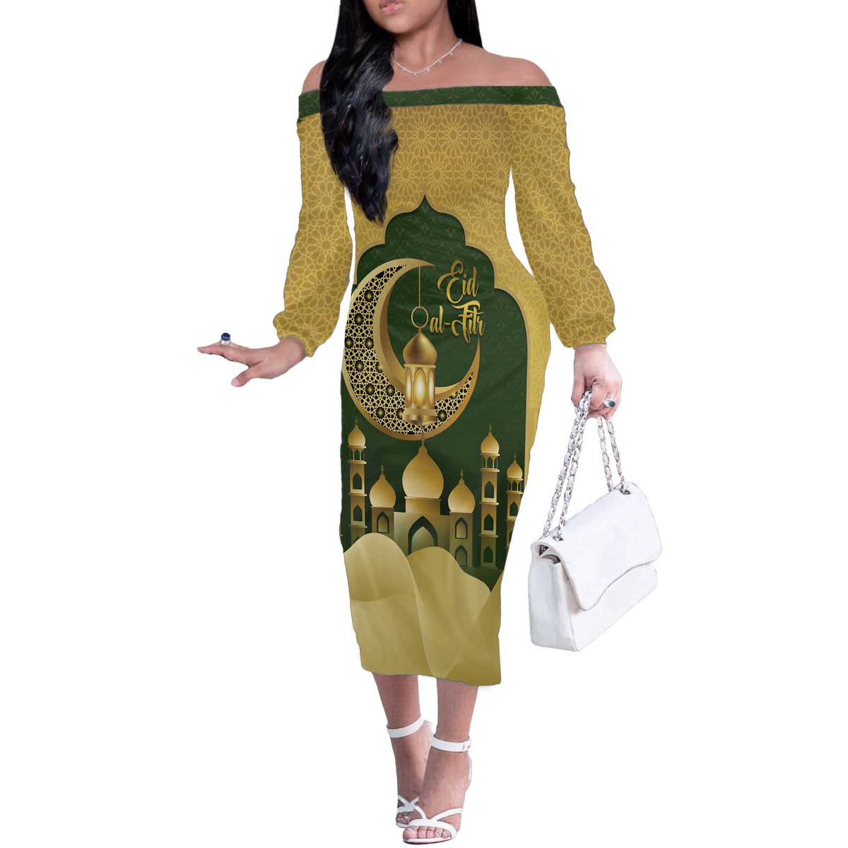 Eid al-Fitr Off The Shoulder Long Sleeve Dress Khair Mubarak Islamic Pattern