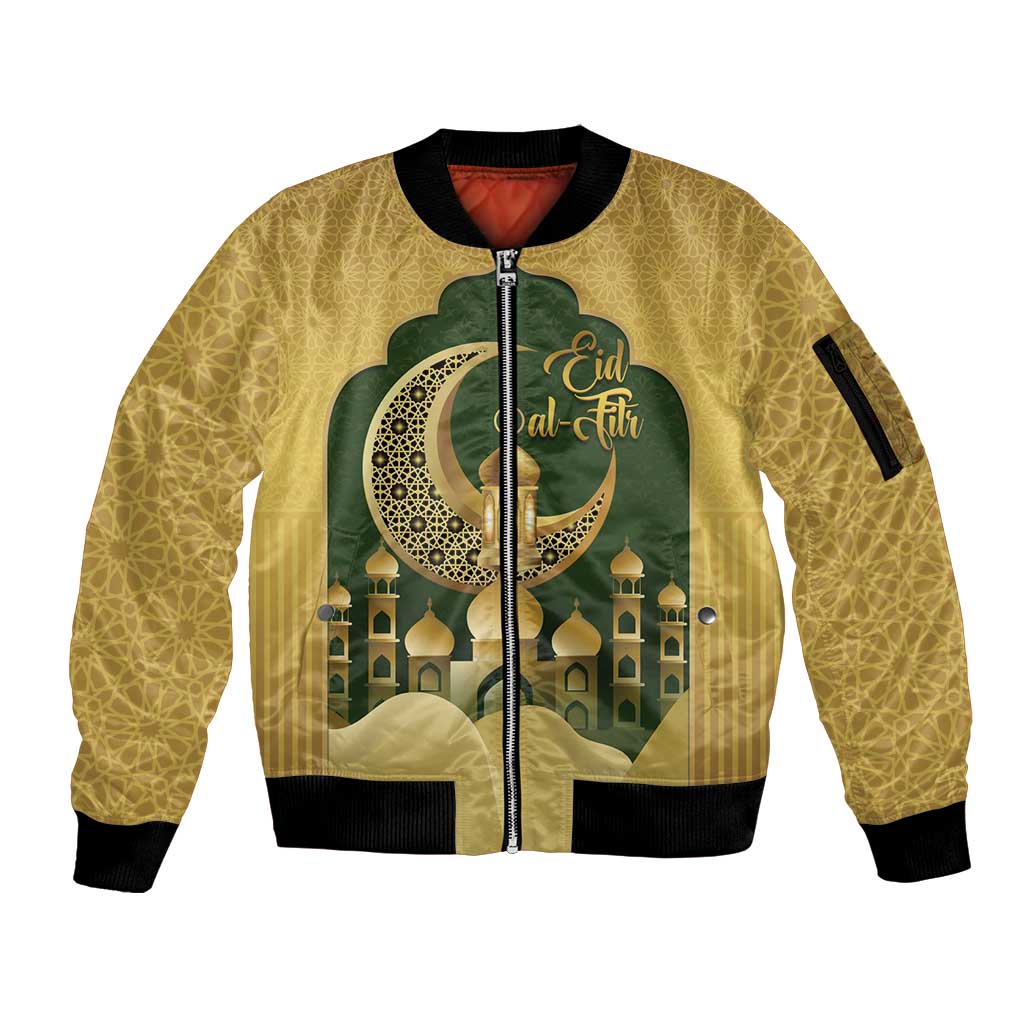 Eid al-Fitr Sleeve Zip Bomber Jacket Khair Mubarak Islamic Pattern