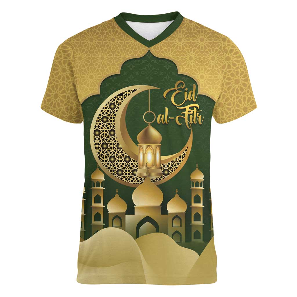 Eid al-Fitr Women V-Neck T-Shirt Khair Mubarak Islamic Pattern