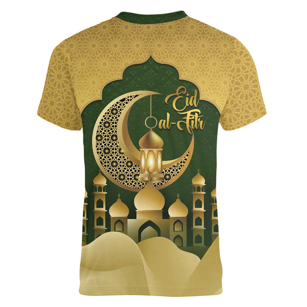 Eid al-Fitr Women V-Neck T-Shirt Khair Mubarak Islamic Pattern