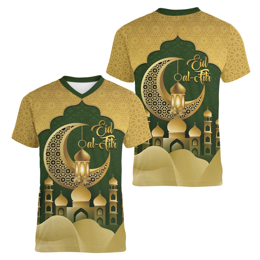 Eid al-Fitr Women V-Neck T-Shirt Khair Mubarak Islamic Pattern