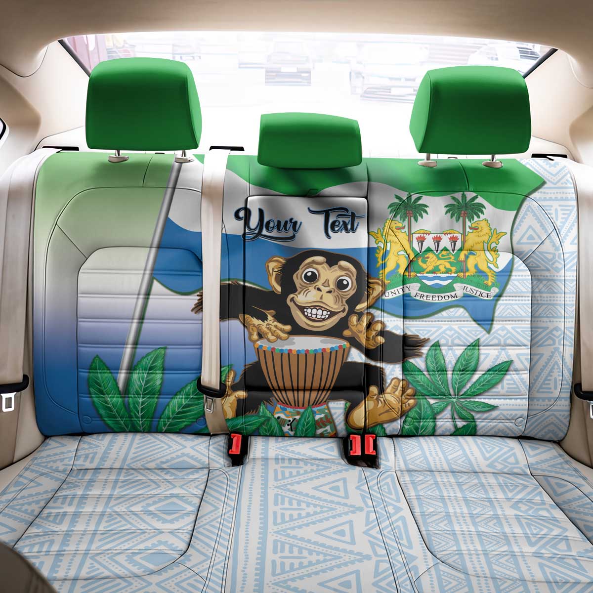 Personalised Sierra Leone Independence Day Back Car Seat Cover Funny Chimpanzee With Drum