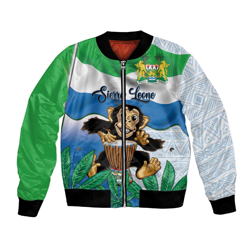 Personalised Sierra Leone Independence Day Bomber Jacket Funny Chimpanzee With Drum