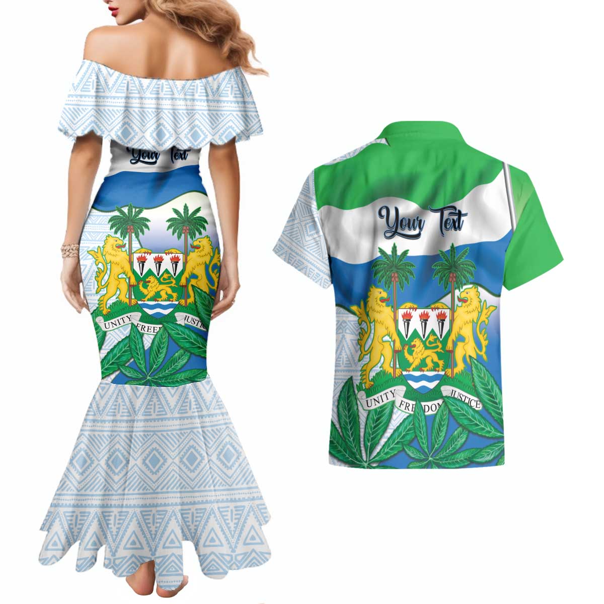 Personalised Sierra Leone Independence Day Couples Matching Mermaid Dress and Hawaiian Shirt Funny Chimpanzee With Drum