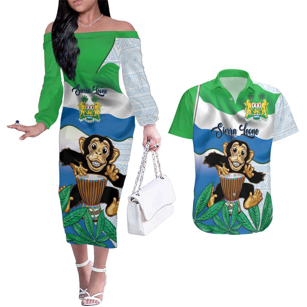 Personalised Sierra Leone Independence Day Couples Matching Off The Shoulder Long Sleeve Dress and Hawaiian Shirt Funny Chimpanzee With Drum