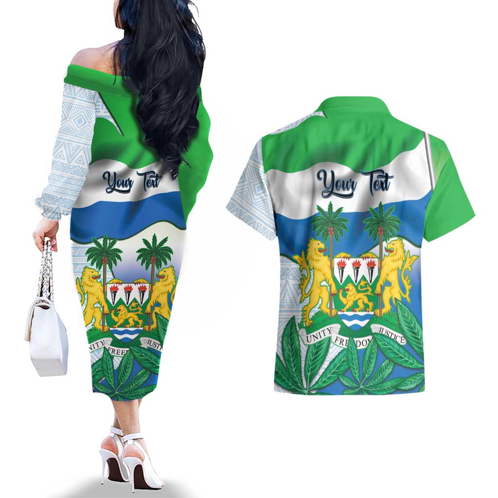 Personalised Sierra Leone Independence Day Couples Matching Off The Shoulder Long Sleeve Dress and Hawaiian Shirt Funny Chimpanzee With Drum