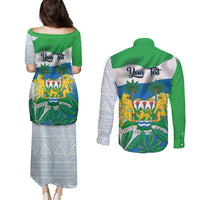 Personalised Sierra Leone Independence Day Couples Matching Puletasi and Long Sleeve Button Shirt Funny Chimpanzee With Drum