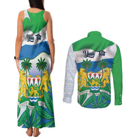 Personalised Sierra Leone Independence Day Couples Matching Tank Maxi Dress and Long Sleeve Button Shirt Funny Chimpanzee With Drum