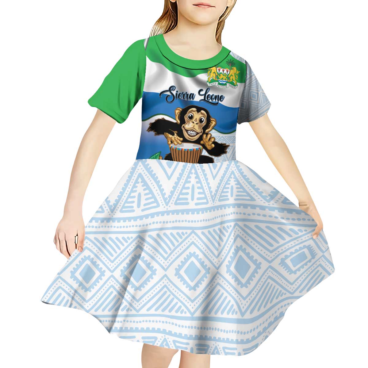 Personalised Sierra Leone Independence Day Kid Short Sleeve Dress Funny Chimpanzee With Drum