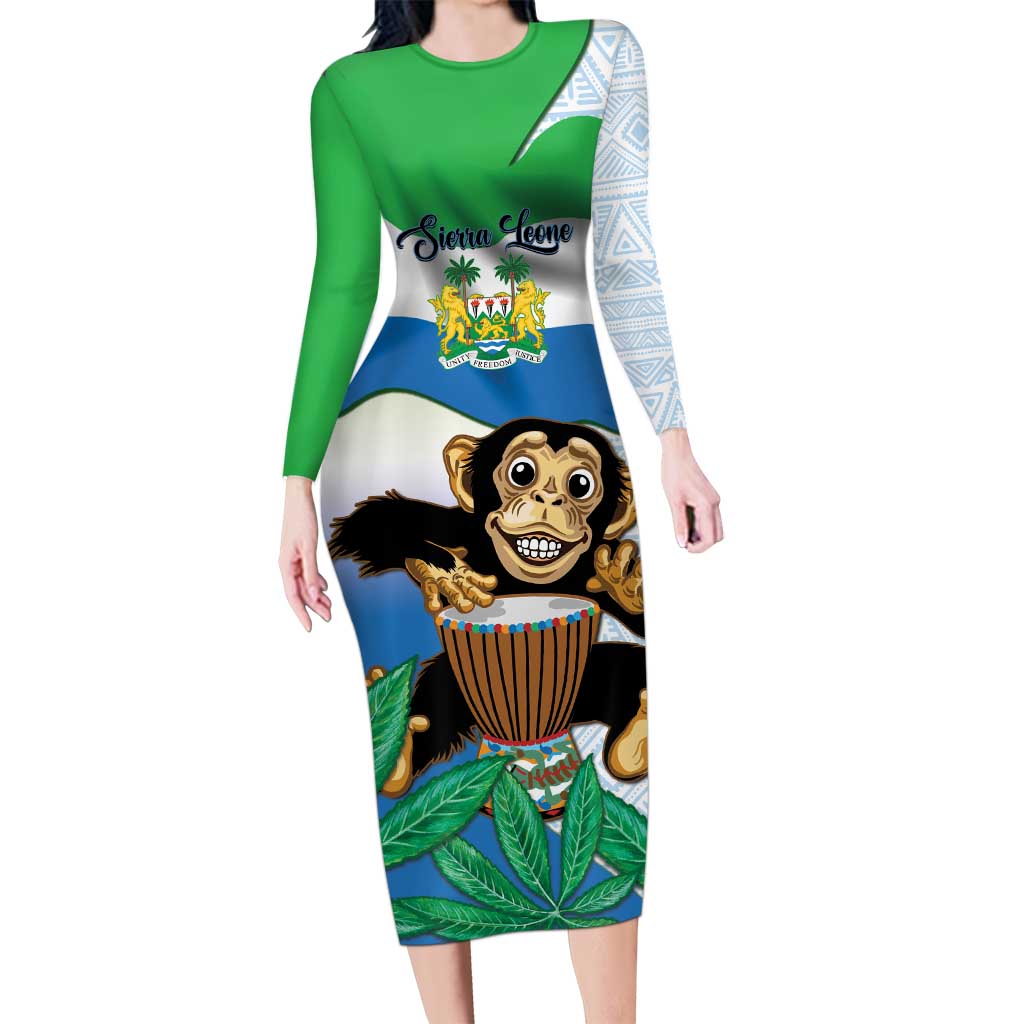 Personalised Sierra Leone Independence Day Long Sleeve Bodycon Dress Funny Chimpanzee With Drum
