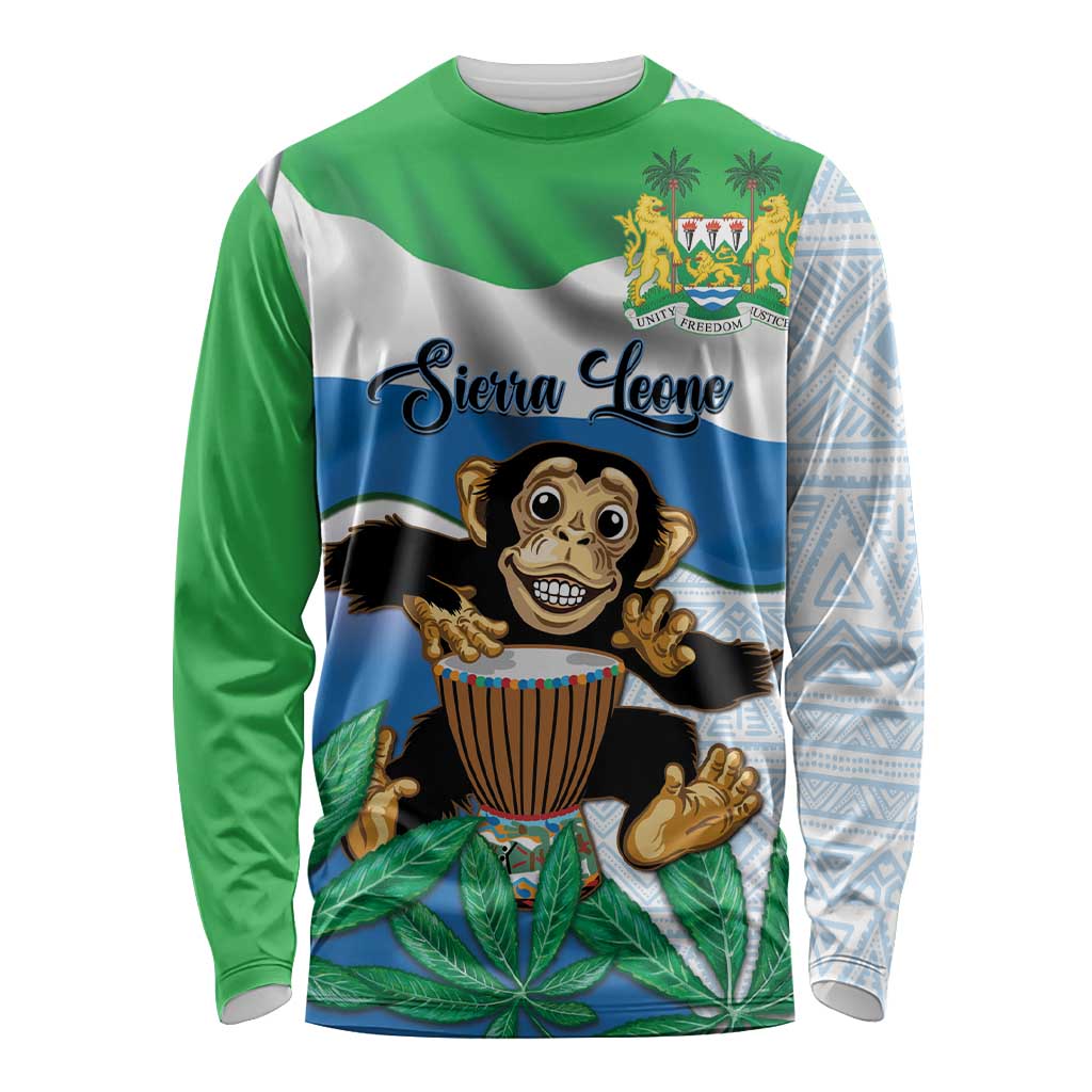 Personalised Sierra Leone Independence Day Long Sleeve Shirt Funny Chimpanzee With Drum