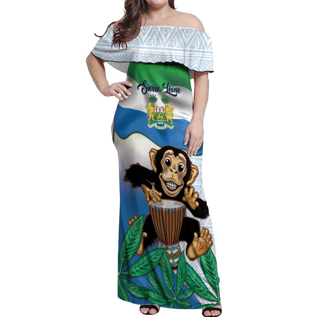Personalised Sierra Leone Independence Day Off Shoulder Maxi Dress Funny Chimpanzee With Drum