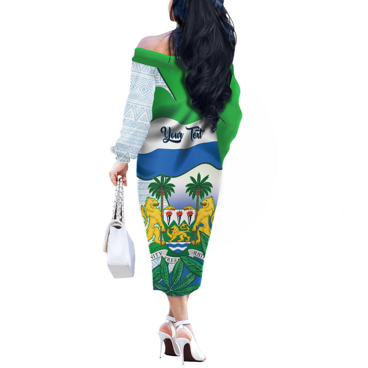 Personalised Sierra Leone Independence Day Off The Shoulder Long Sleeve Dress Funny Chimpanzee With Drum