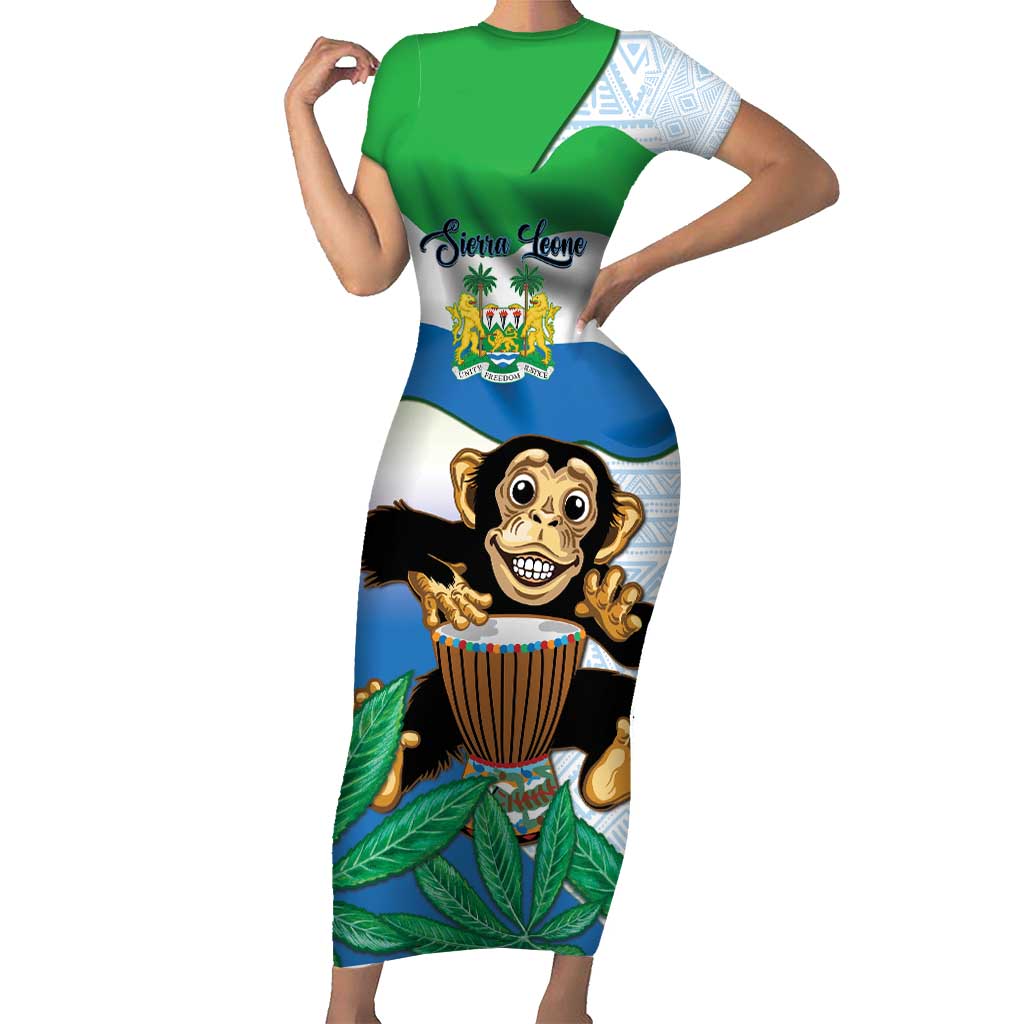 Personalised Sierra Leone Independence Day Short Sleeve Bodycon Dress Funny Chimpanzee With Drum