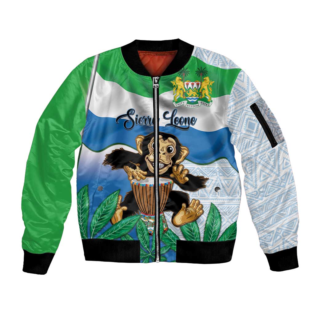 Personalised Sierra Leone Independence Day Sleeve Zip Bomber Jacket Funny Chimpanzee With Drum