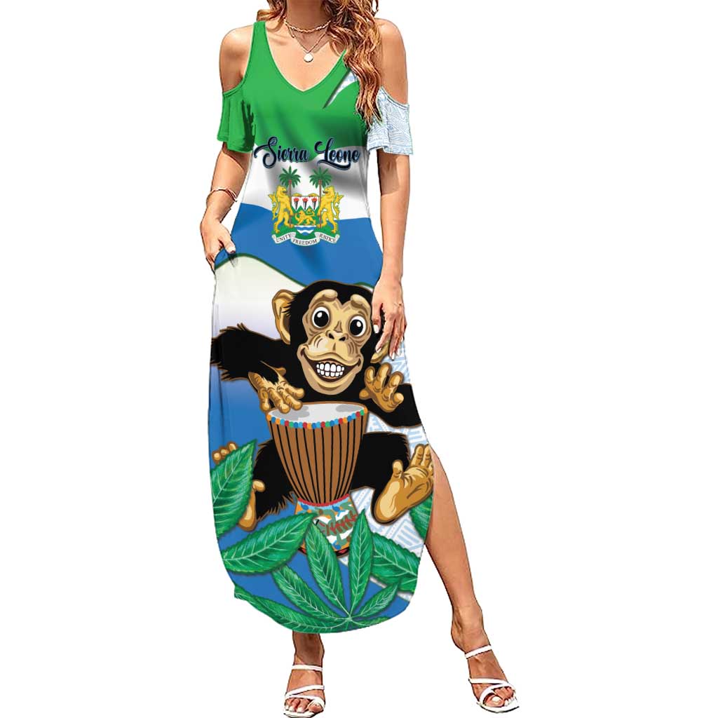 Personalised Sierra Leone Independence Day Summer Maxi Dress Funny Chimpanzee With Drum