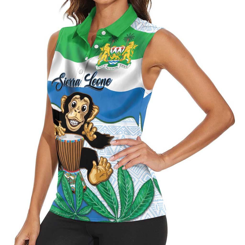 Personalised Sierra Leone Independence Day Women Sleeveless Polo Shirt Funny Chimpanzee With Drum