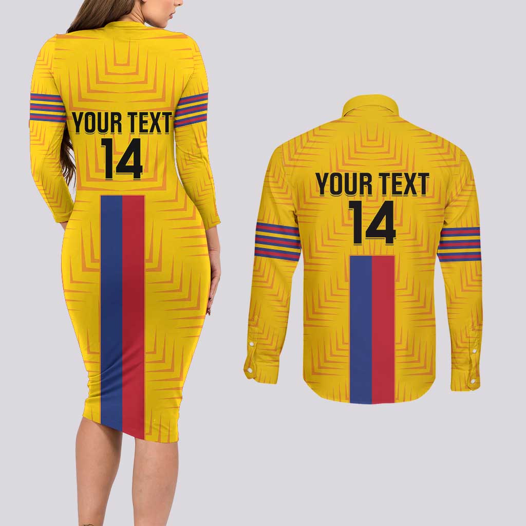 Custom Colombia Football Couples Matching Long Sleeve Bodycon Dress and Long Sleeve Button Shirt Vamos Los Cafeteros