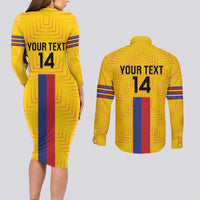 Custom Colombia Football Couples Matching Long Sleeve Bodycon Dress and Long Sleeve Button Shirt Vamos Los Cafeteros