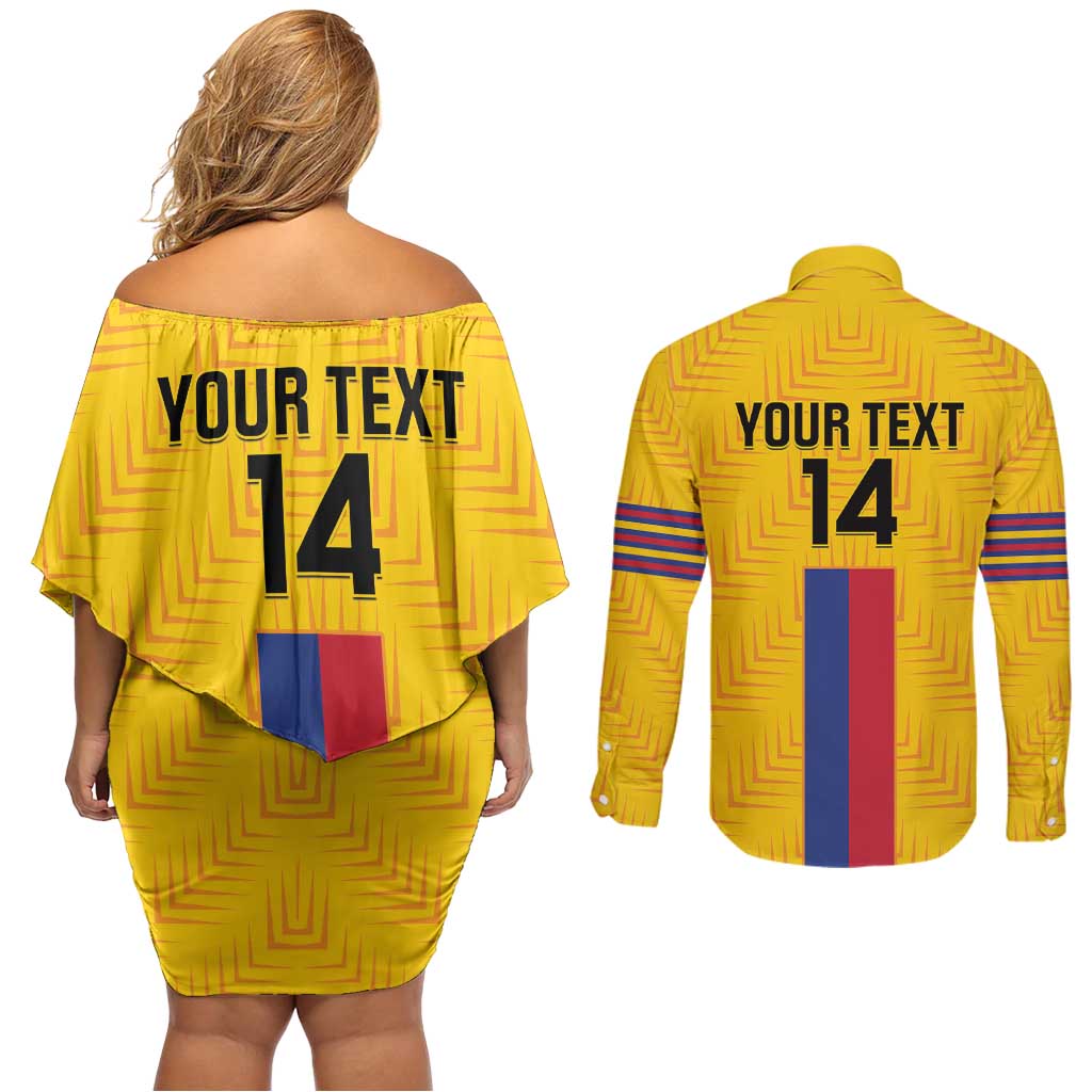 Custom Colombia Football Couples Matching Off Shoulder Short Dress and Long Sleeve Button Shirt Vamos Los Cafeteros