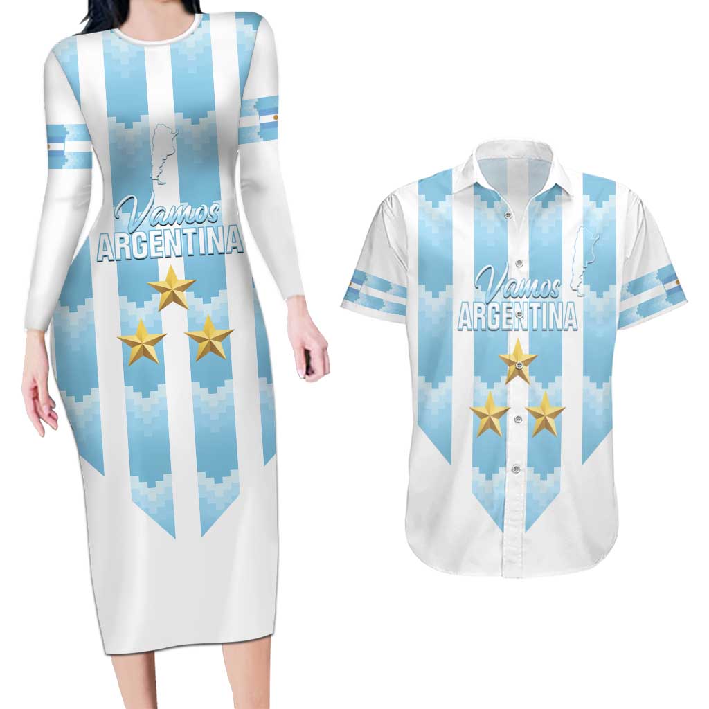 Custom Argentina Football Couples Matching Long Sleeve Bodycon Dress and Hawaiian Shirt Vamos La Albiceleste