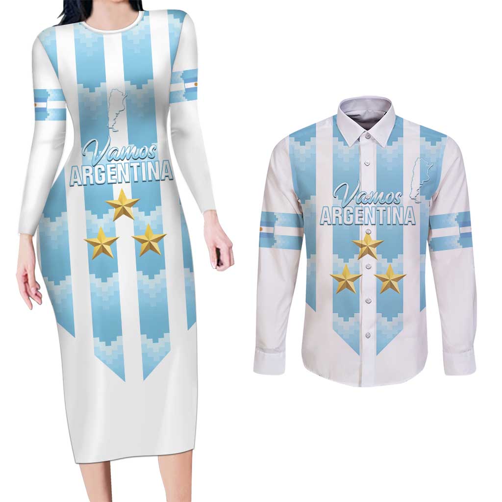 Custom Argentina Football Couples Matching Long Sleeve Bodycon Dress and Long Sleeve Button Shirt Vamos La Albiceleste