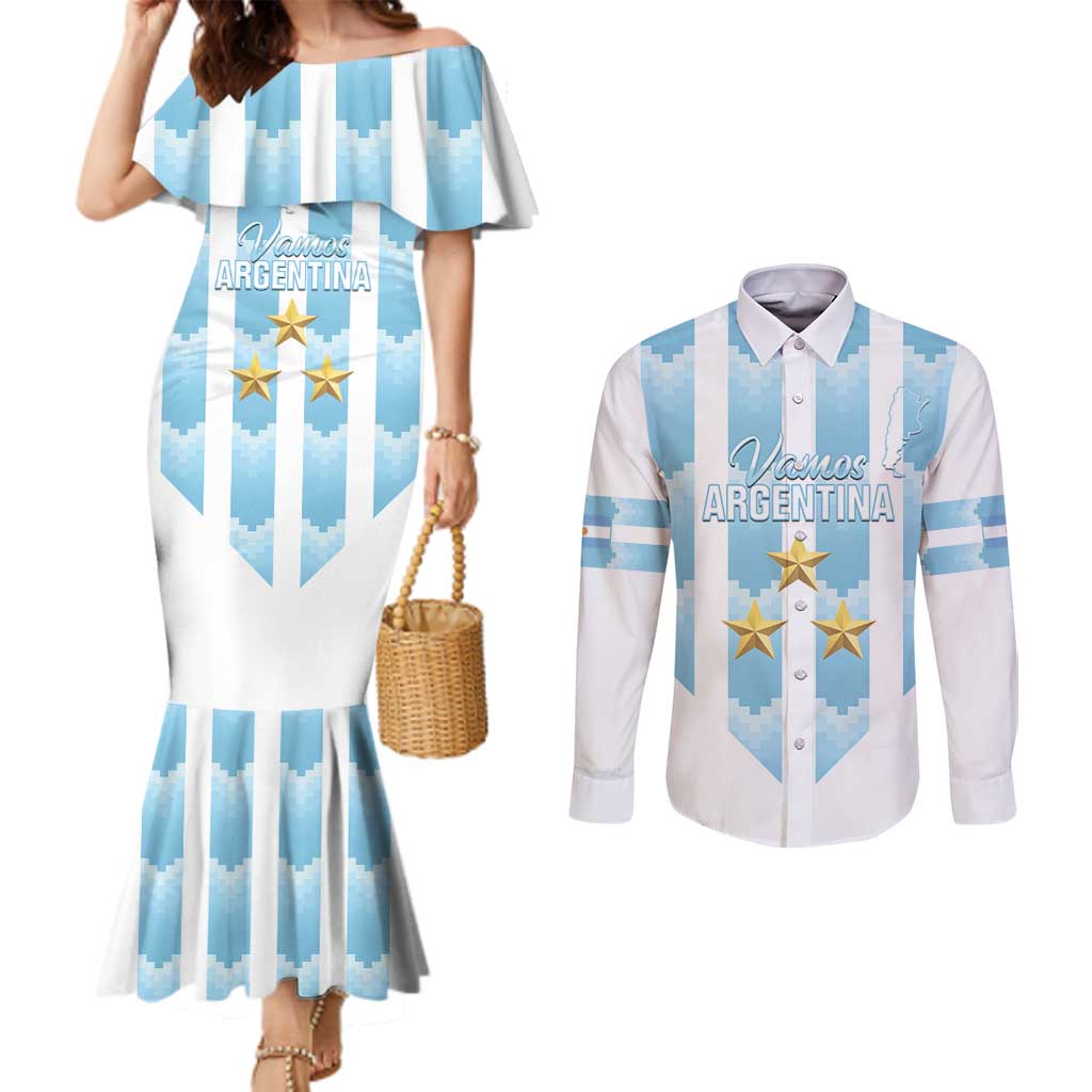 Custom Argentina Football Couples Matching Mermaid Dress and Long Sleeve Button Shirt Vamos La Albiceleste