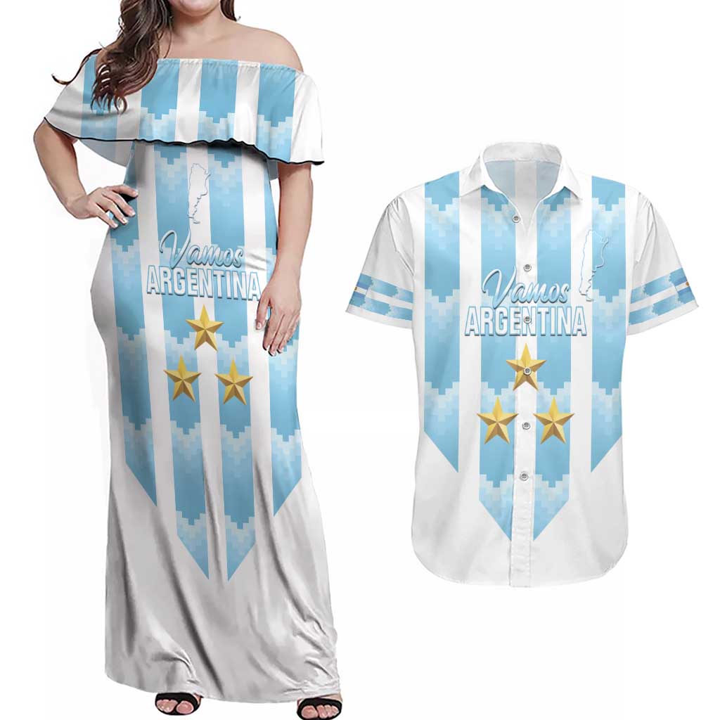 Custom Argentina Football Couples Matching Off Shoulder Maxi Dress and Hawaiian Shirt Vamos La Albiceleste