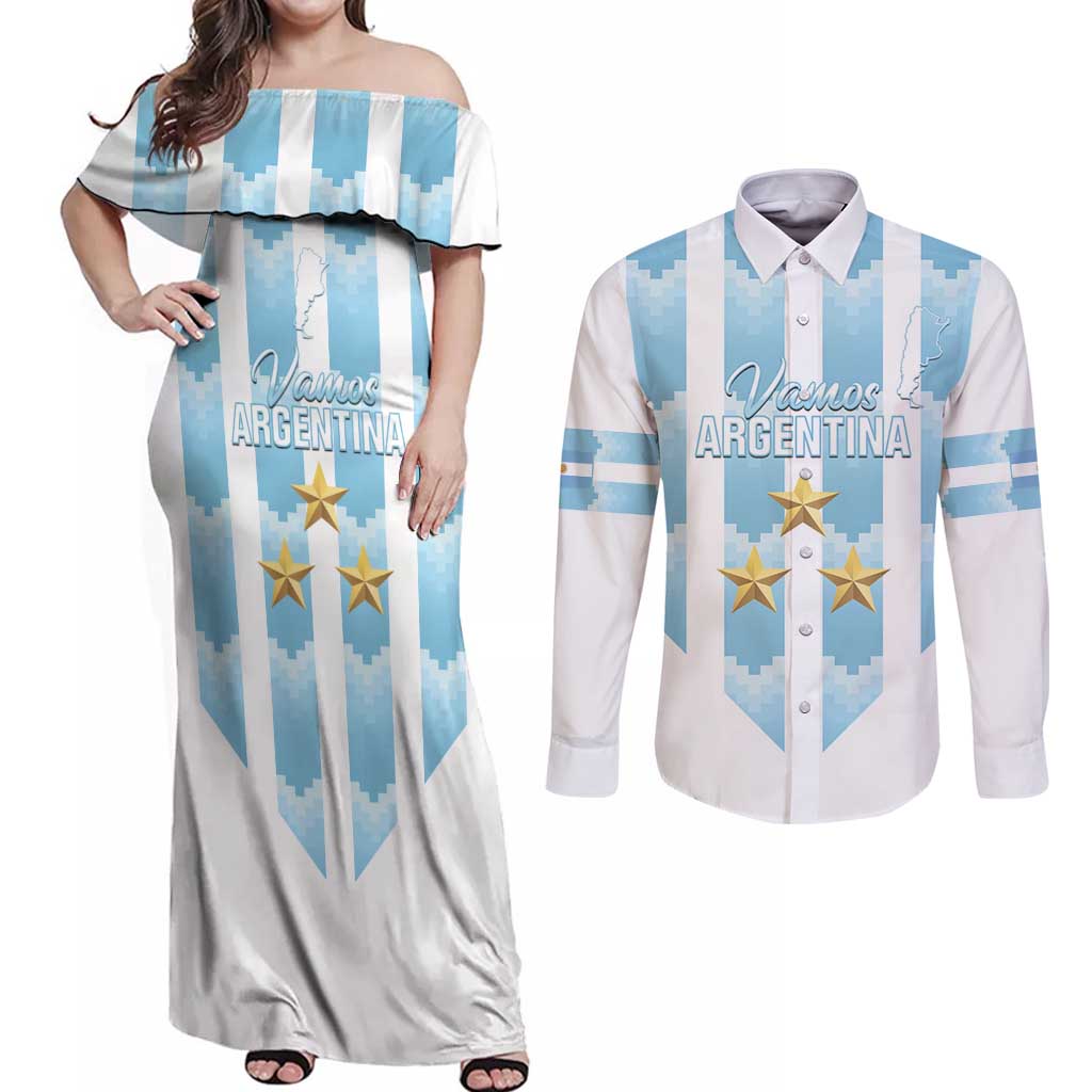 Custom Argentina Football Couples Matching Off Shoulder Maxi Dress and Long Sleeve Button Shirt Vamos La Albiceleste