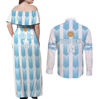 Custom Argentina Football Couples Matching Off Shoulder Maxi Dress and Long Sleeve Button Shirt Vamos La Albiceleste