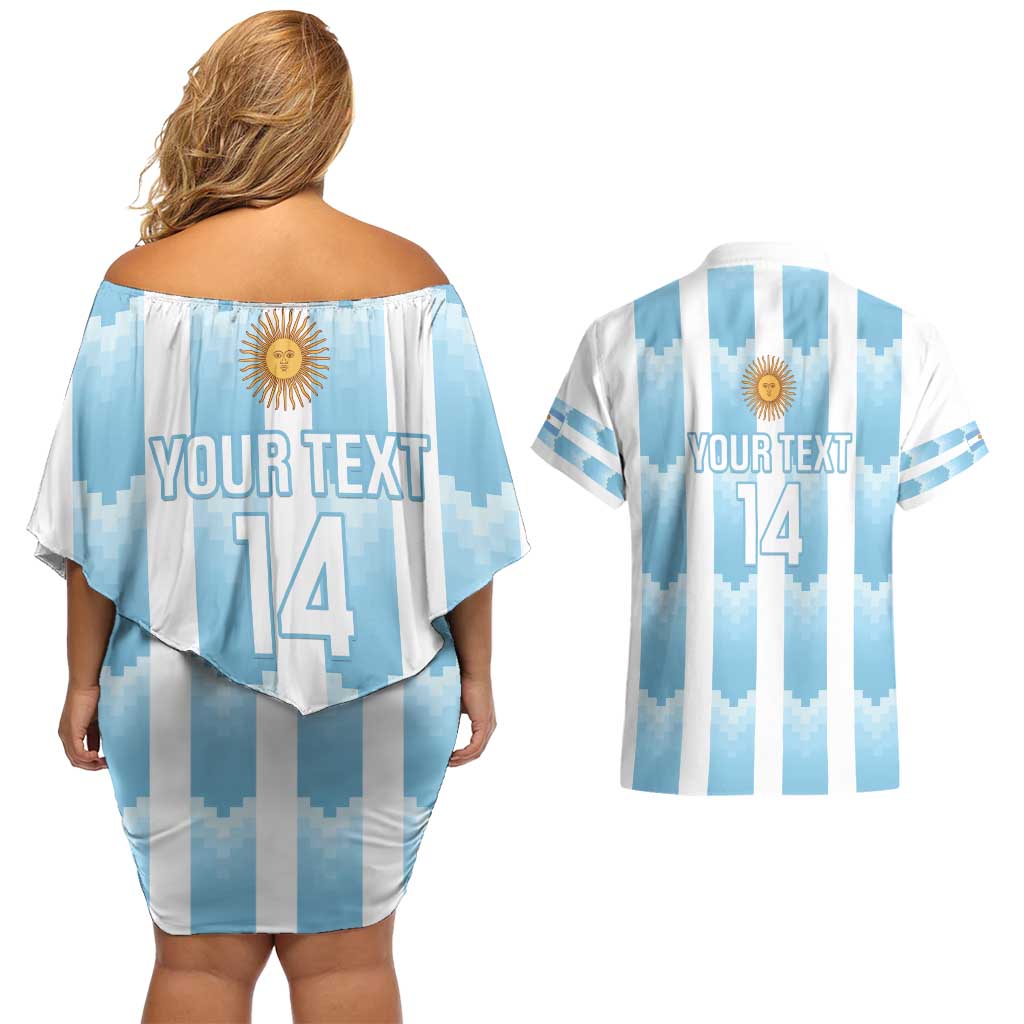 Custom Argentina Football Couples Matching Off Shoulder Short Dress and Hawaiian Shirt Vamos La Albiceleste