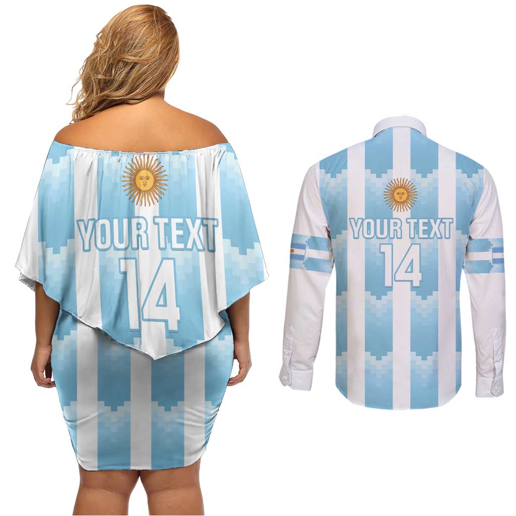 Custom Argentina Football Couples Matching Off Shoulder Short Dress and Long Sleeve Button Shirt Vamos La Albiceleste