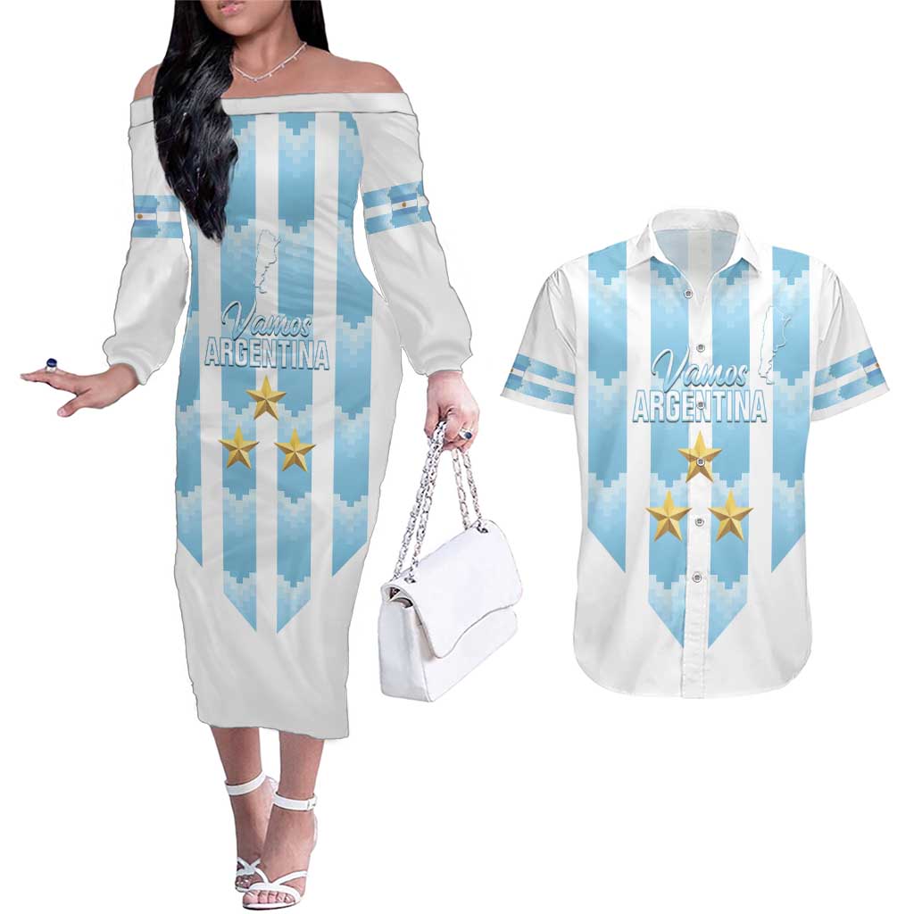 Custom Argentina Football Couples Matching Off The Shoulder Long Sleeve Dress and Hawaiian Shirt Vamos La Albiceleste