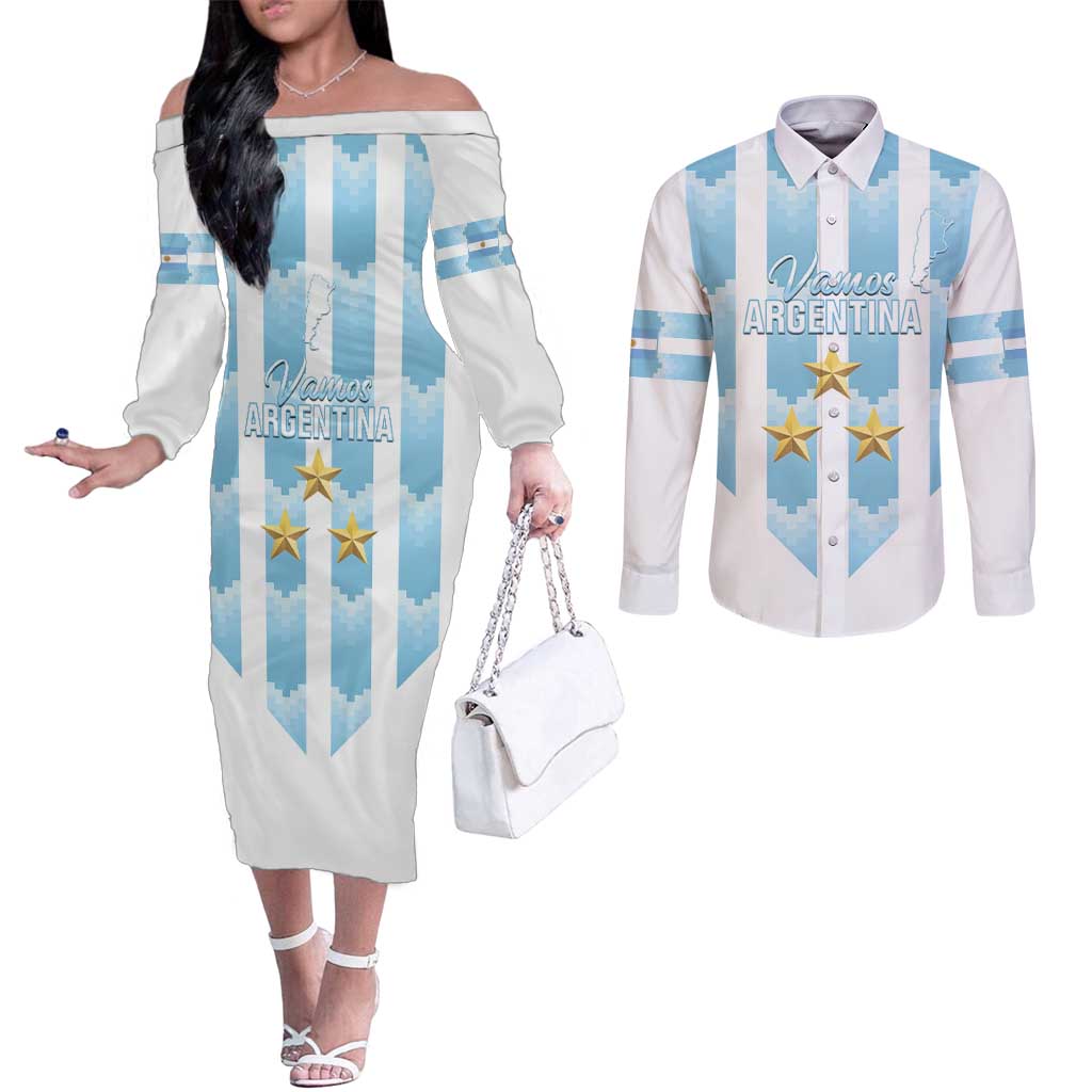 Custom Argentina Football Couples Matching Off The Shoulder Long Sleeve Dress and Long Sleeve Button Shirt Vamos La Albiceleste