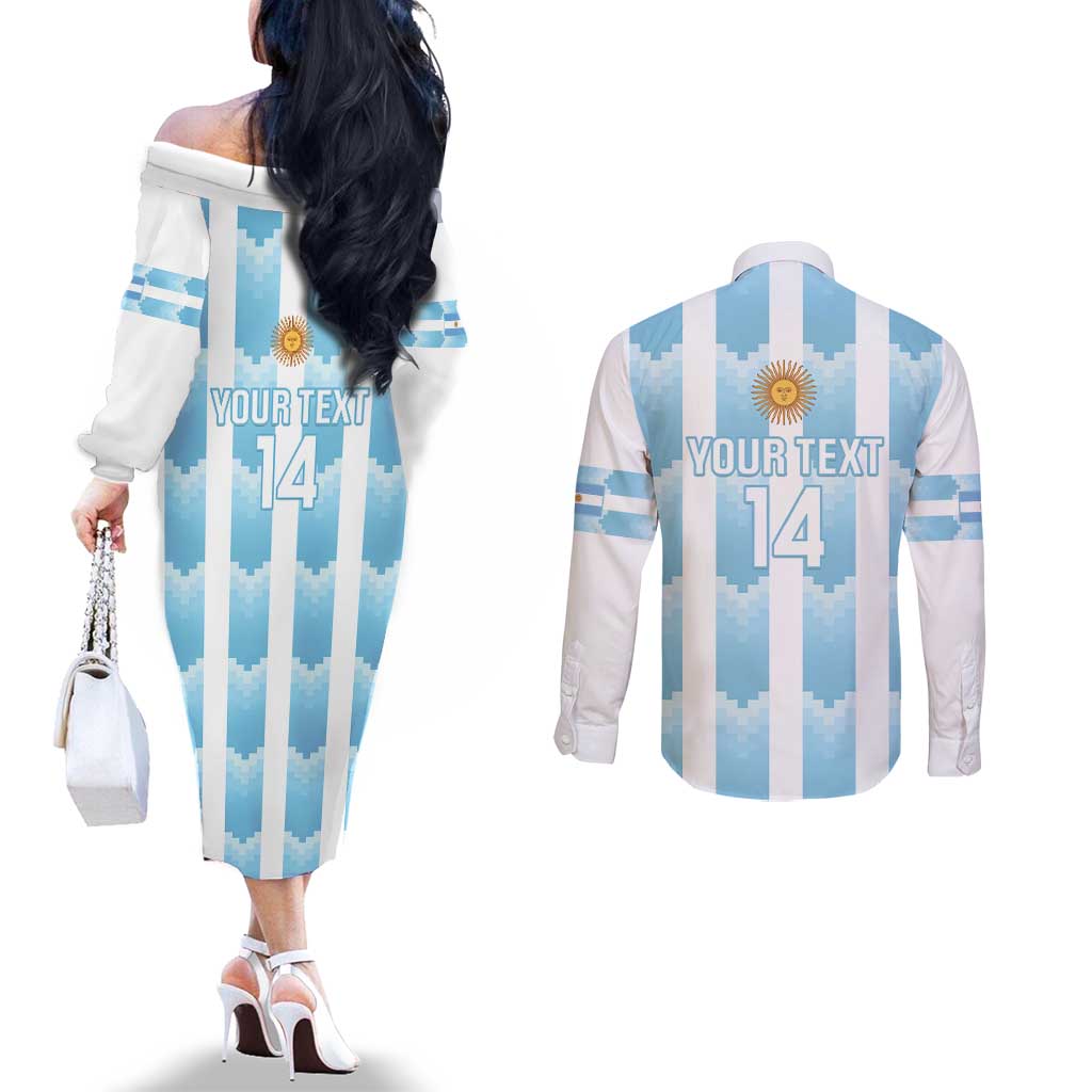 Custom Argentina Football Couples Matching Off The Shoulder Long Sleeve Dress and Long Sleeve Button Shirt Vamos La Albiceleste