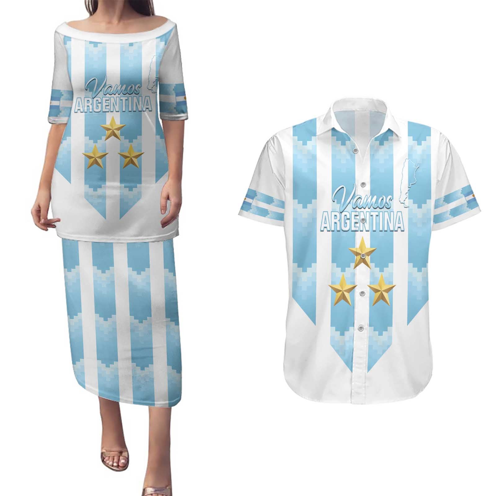 Custom Argentina Football Couples Matching Puletasi and Hawaiian Shirt Vamos La Albiceleste