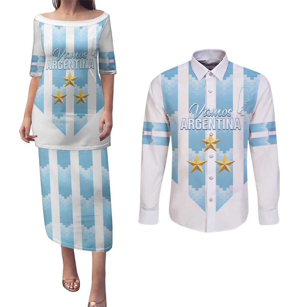 Custom Argentina Football Couples Matching Puletasi and Long Sleeve Button Shirt Vamos La Albiceleste