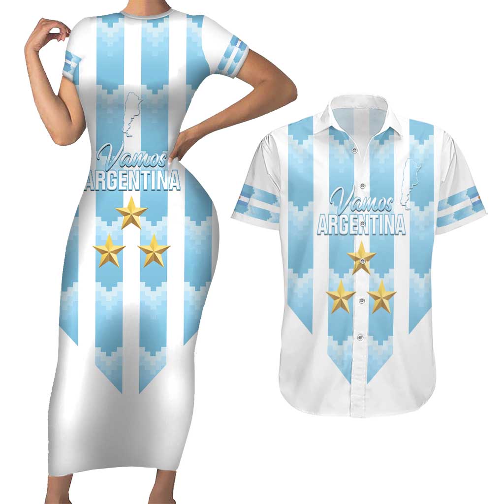 Custom Argentina Football Couples Matching Short Sleeve Bodycon Dress and Hawaiian Shirt Vamos La Albiceleste