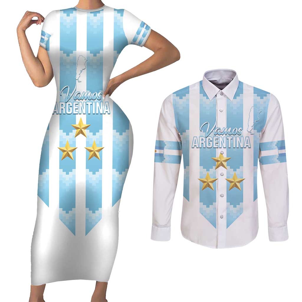 Custom Argentina Football Couples Matching Short Sleeve Bodycon Dress and Long Sleeve Button Shirt Vamos La Albiceleste