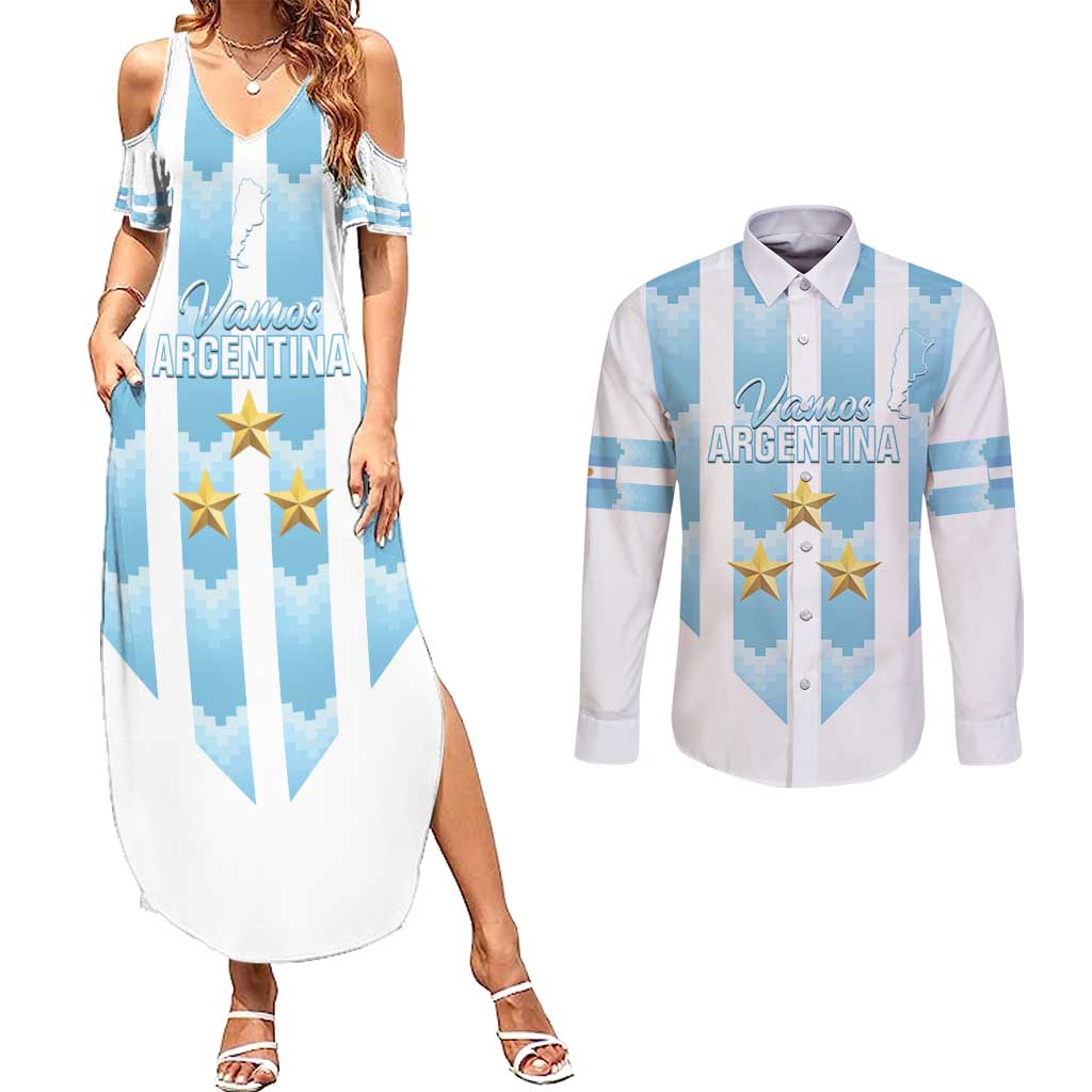 Custom Argentina Football Couples Matching Summer Maxi Dress and Long Sleeve Button Shirt Vamos La Albiceleste