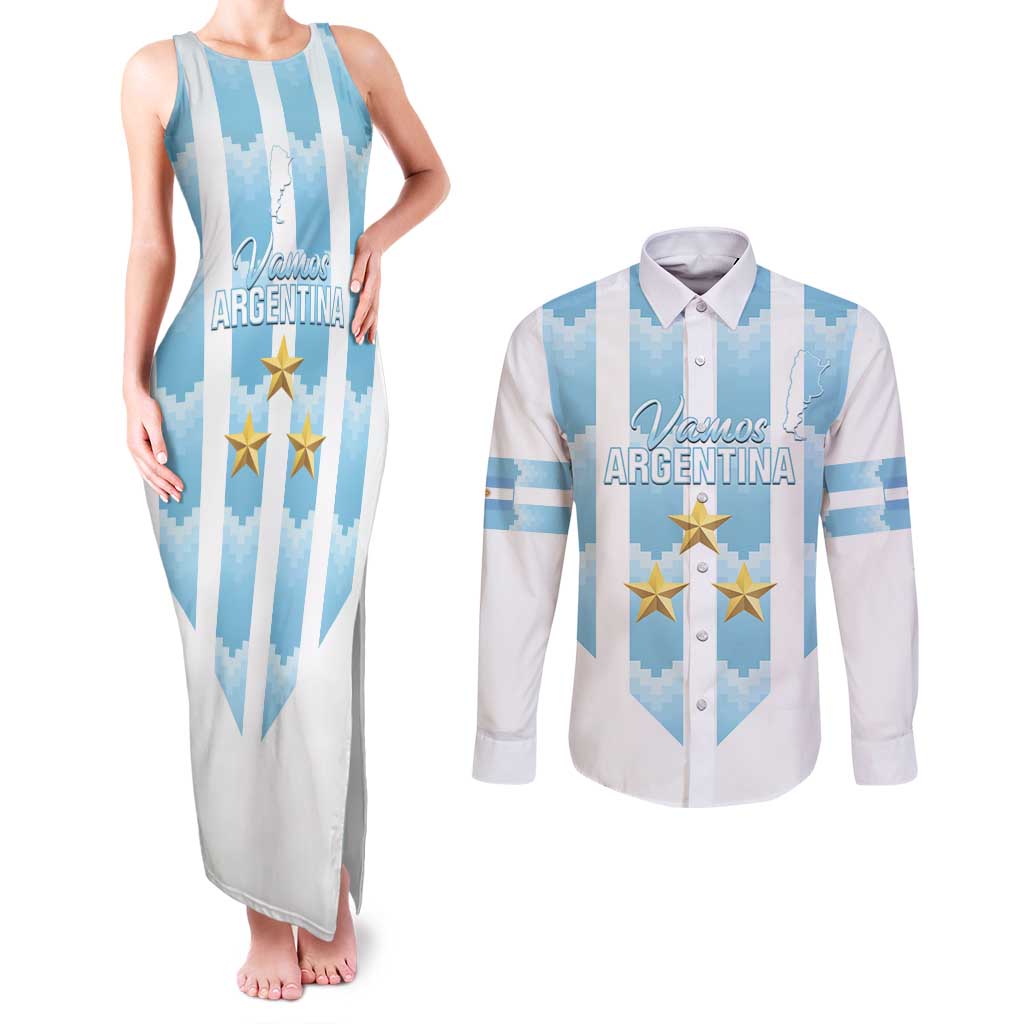 Custom Argentina Football Couples Matching Tank Maxi Dress and Long Sleeve Button Shirt Vamos La Albiceleste